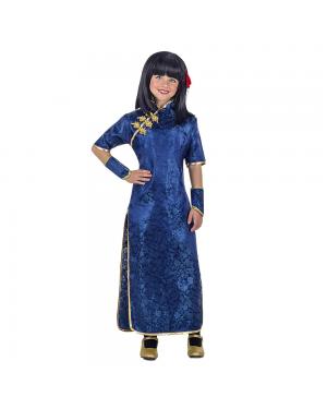 Fato Chinesa Qi-Pao Azul Menina para Carnaval