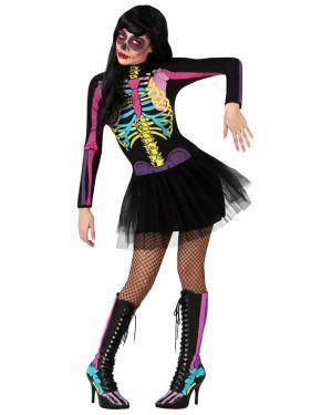 Fato Esqueleto Colorido Sexy Mulher para Carnaval